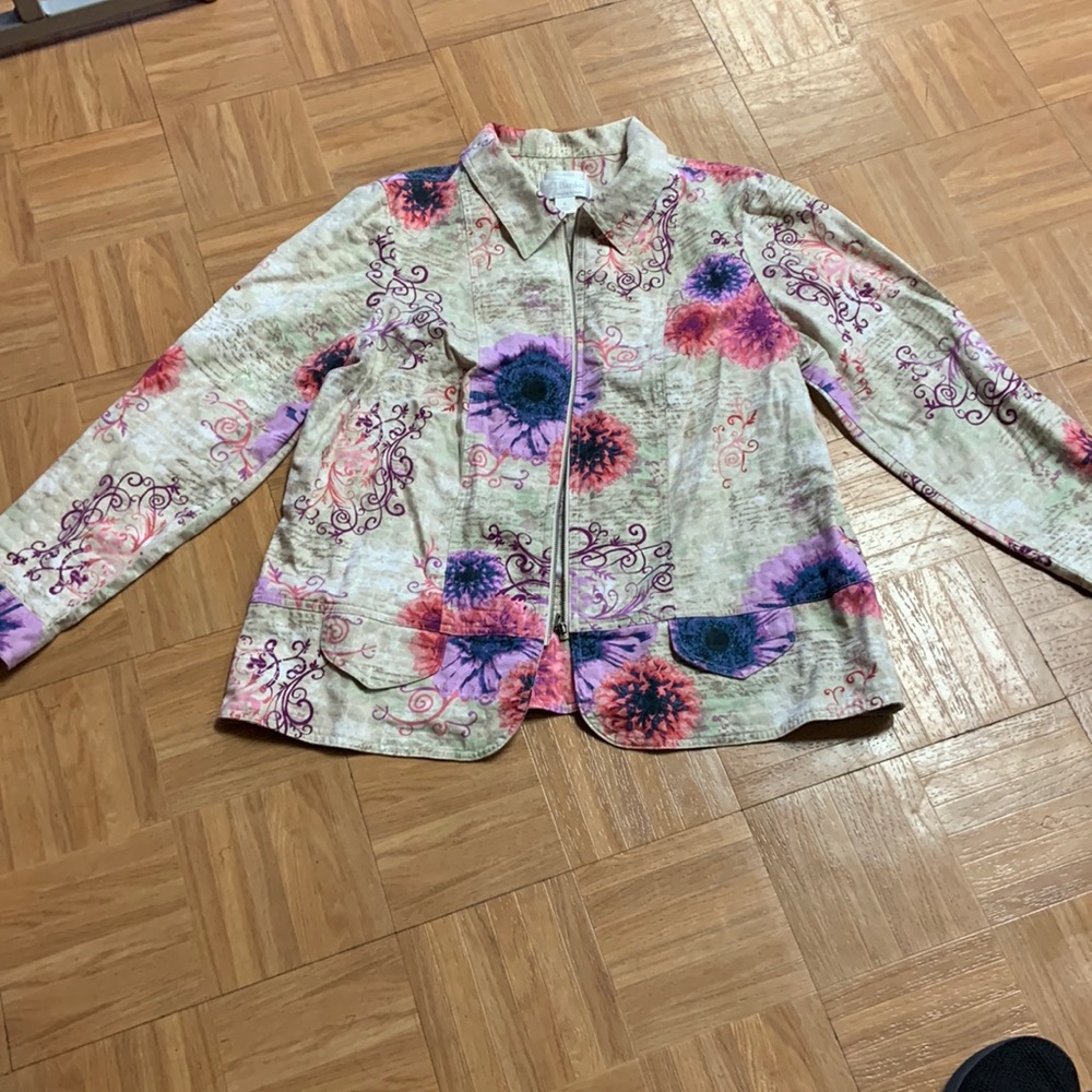 CJ Banks Stretch Denim Floral Jacket with Zipper